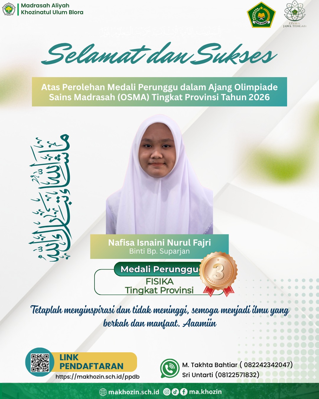 Siswi MA Khozinatul Ulum Blora Raih Medali Perunggu OSMA Tingkat Provinsi Jawa Tengah 2026