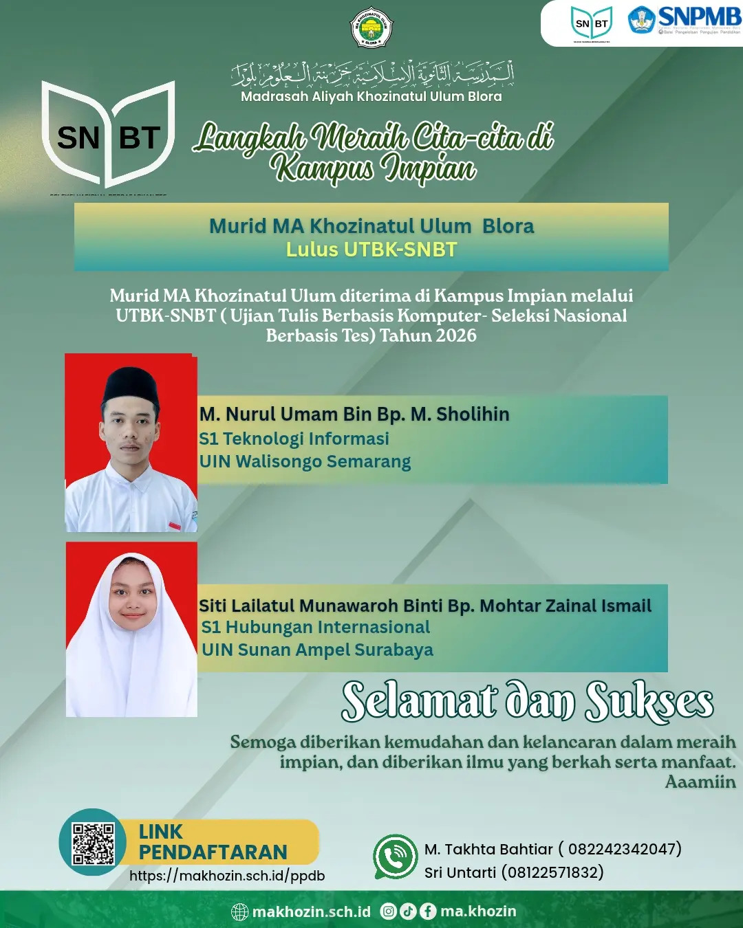 Dua Murid MA Khozinatul Ulum Blora Lolos UTBK-SNBT 2026, Raih Kesempatan Belajar di Kampus Impian