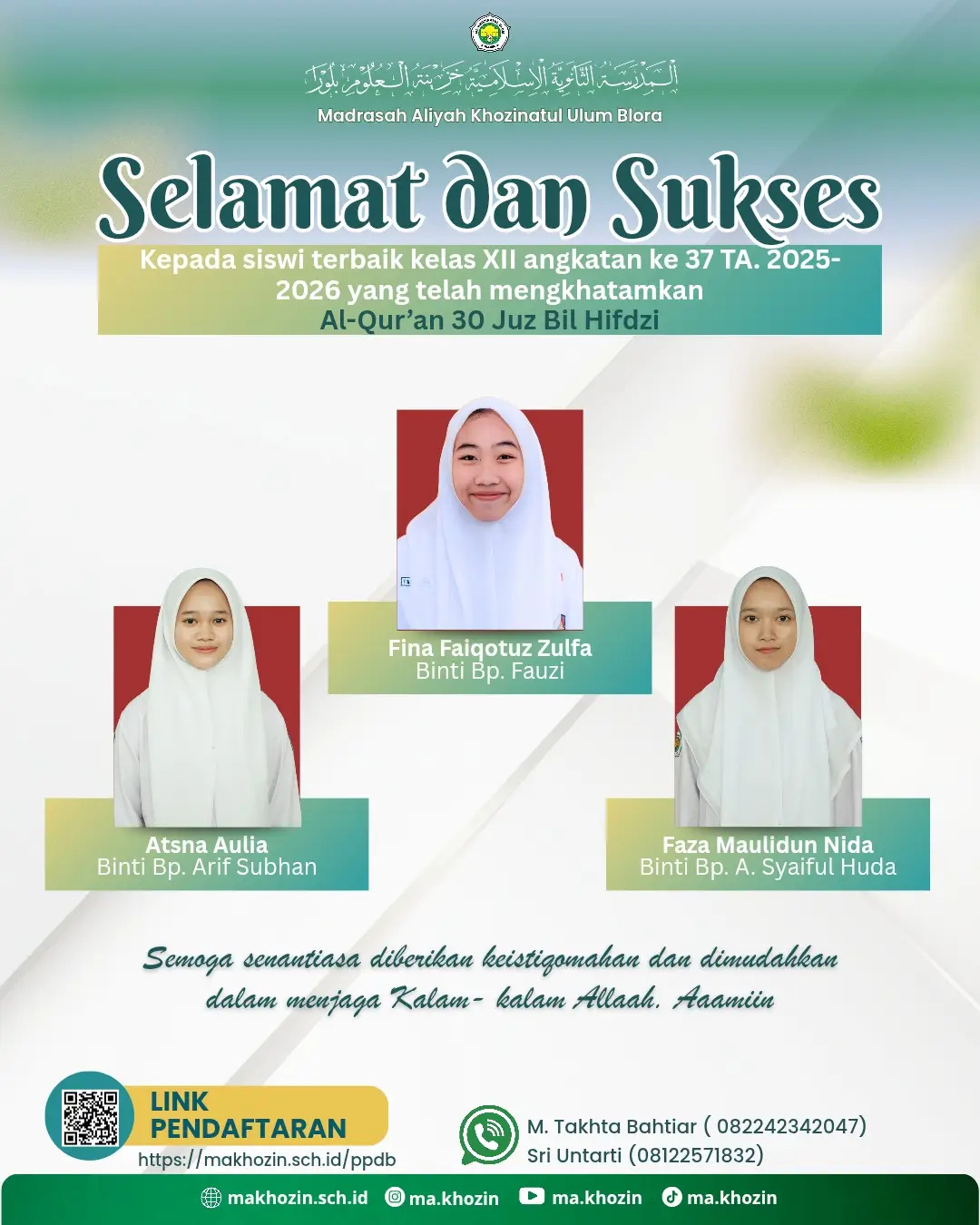 Tiga Siswi MA Khozinatul Ulum Blora Berhasil Khatam Al-Qur'an 30 Juz Bil Hifdzi