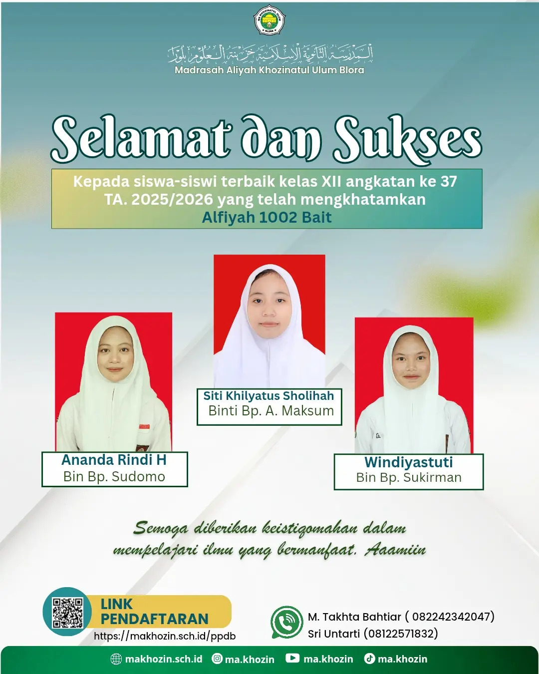 Tiga Siswa MA Khozinatul Ulum Blora Berhasil Mengkhatamkan Alfiyah Ibnu Malik 1002 Bait